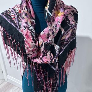 Sir Alistair Rai Black Scarf with Pink & Purple Floral Print and Pink Tassles